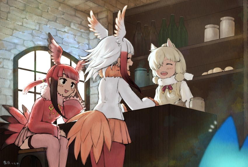 3girls alpaca_ears alpaca_suri_(kemono_friends) animal_ears aotsuki_tsutome arm_rest bird_girl bird_tail bird_wings blonde_hair blush closed_eyes commission counter elbow_rest facing_another fur_collar fur_scarf hair_bun hand_on_own_cheek hand_on_own_face head_rest head_wings highres indoors japanese_crested_ibis_(kemono_friends) kemono_friends leaning_forward long_hair long_sleeves looking_at_another lucky_beast_(kemono_friends) miniskirt multicolored_hair multiple_girls neck_ribbon on_stool open_mouth red_hair ribbon scarf scarlet_ibis_(kemono_friends) shirt single_hair_bun sitting skeb_commission skirt smile standing stool tail thighhighs white_hair wings zettai_ryouiki
