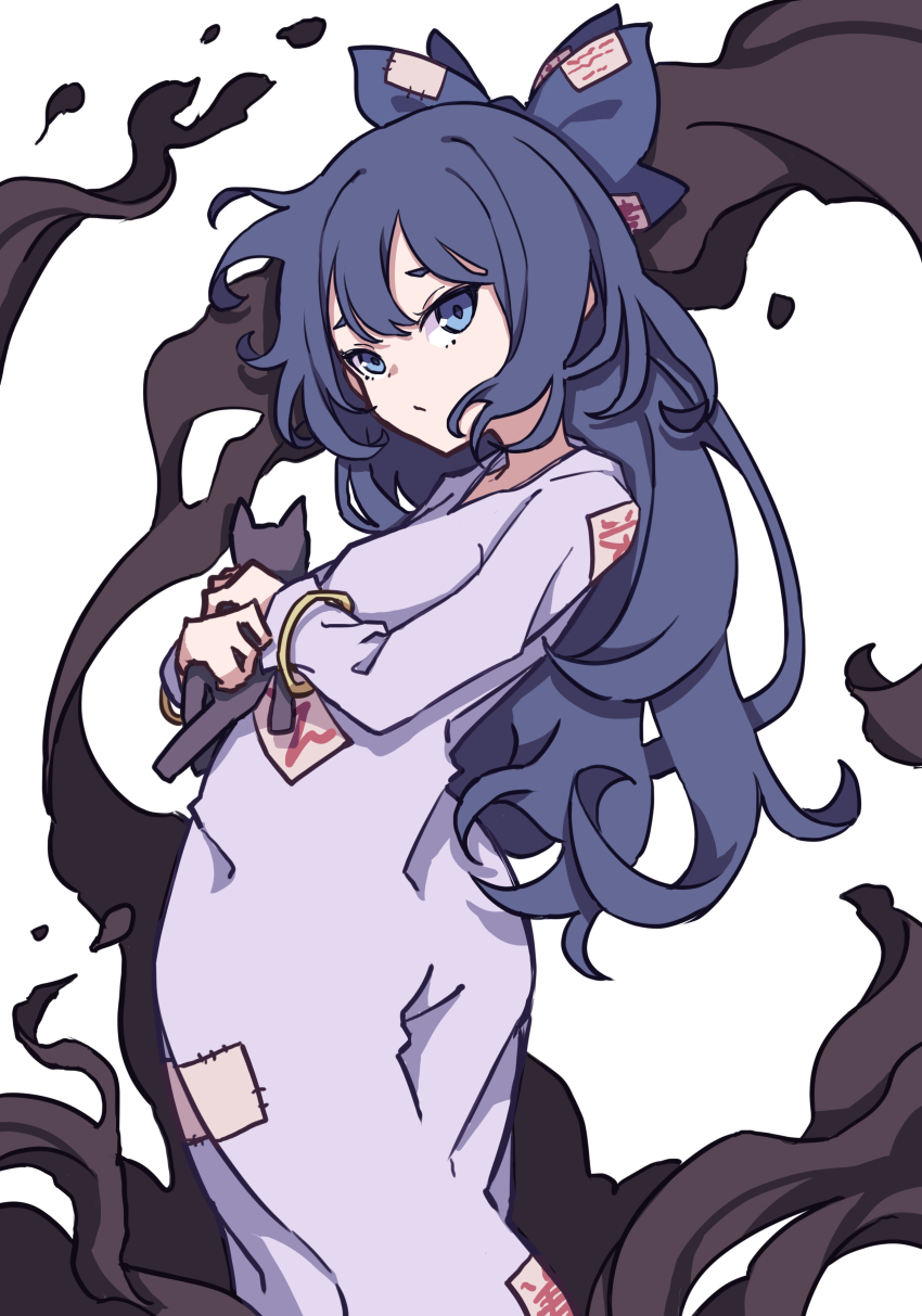 1girl absurdres blue_eyes blue_hair bow bracelet breasts debt dress grey_dress hair_bow highres hugging_object jewelry kame_(kamepan44231) long_hair looking_at_viewer official_alternate_costume oil one-hour_drawing_challenge simple_background small_breasts solo stuffed_animal stuffed_cat stuffed_toy touhou white_background yorigami_shion