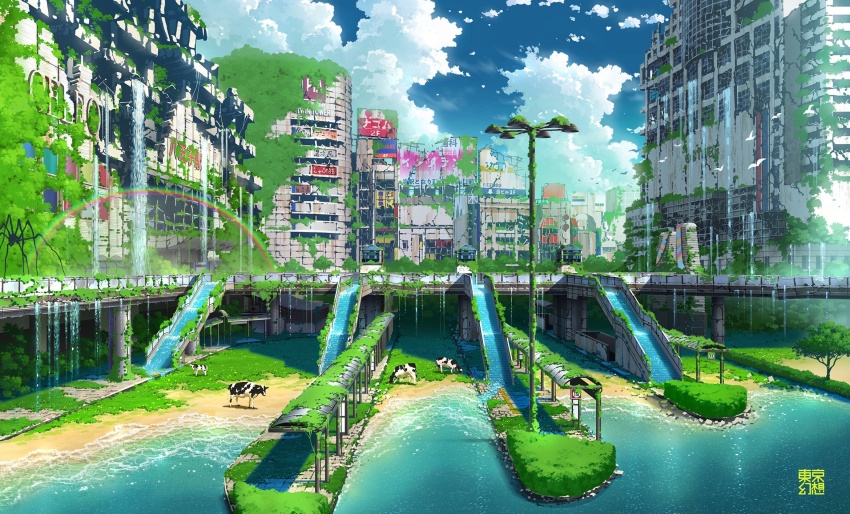 animal apocalypse beach bird bird_wings blue_sky bug building bull bus_stop city cloud cloudy_sky commentary_request day debris decay giant_spider highres moss no_humans ocean original outdoors rainbow rubble sand scenery sky skyscraper spider tokyogenso water wings