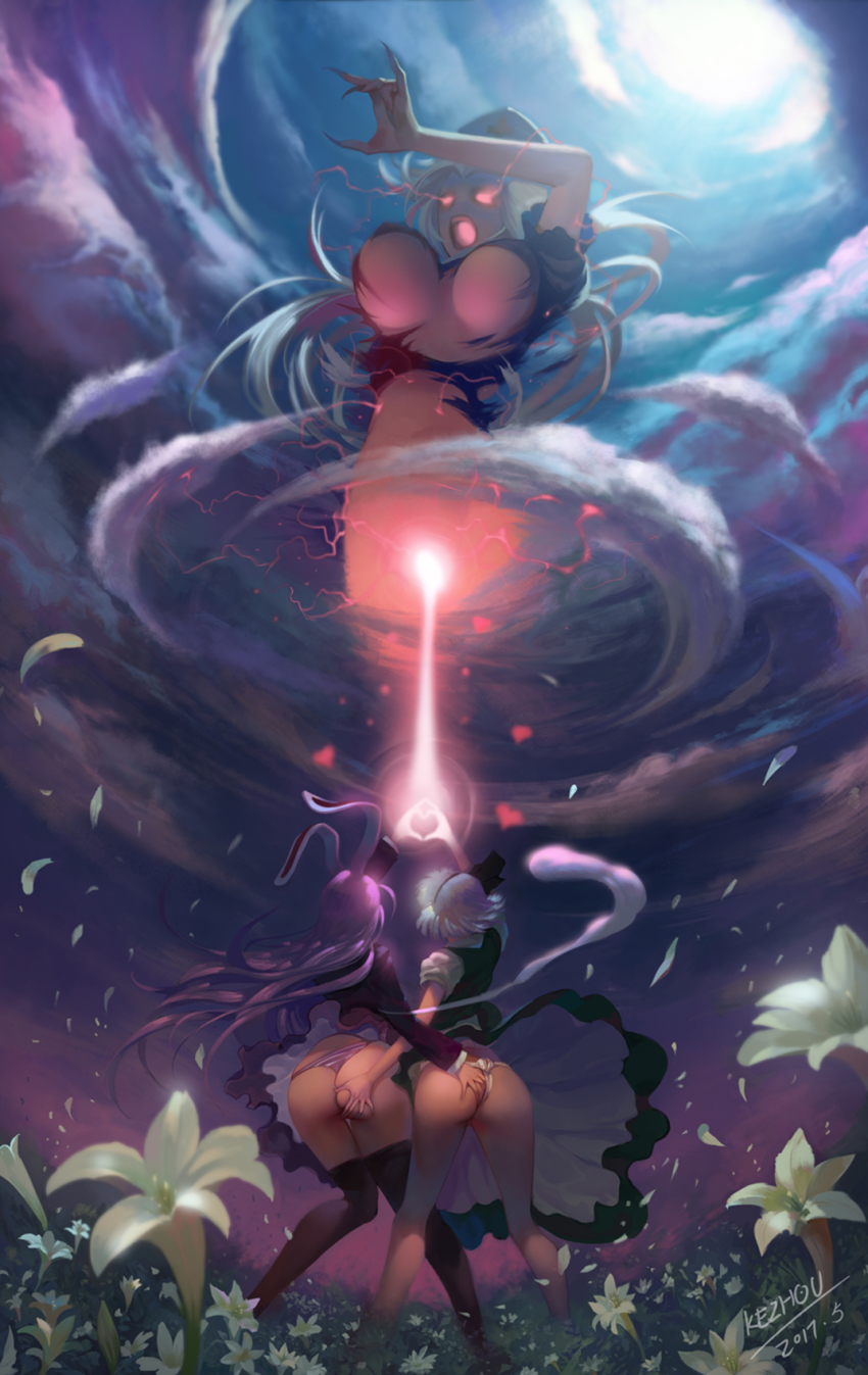 3girls four-finger_heart_hands animal_ears arm_up artist_name ass attack beam black_legwear black_ribbon blazer bouncing_breasts breasts claws cloud cloudy_sky dated energy epic exploding_clothes facing_away fingernails floating_hair flower from_behind from_below fundoshi giant giantess glowing glowing_eyes grabbing_another&#039;s_ass green_skirt groping hair_ribbon hat heart heart_hands heart_hands_duo highres hitodama jacket japanese_clothes kezhou konpaku_youmu konpaku_youmu_(ghost) large_breasts legs lily_(flower) long_hair long_sleeves miniskirt multiple_girls no_bra nurse_cap outdoors outstretched_hand panties petals petticoat purple_hair purple_sky rabbit_ears red_eyes reisen_udongein_inaba ribbon sharp_fingernails short_hair short_sleeves side-by-side signature silver_hair skirt skirt_set sky standing striped_clothes striped_panties thighhighs thong torn_clothes touhou underboob underwear upskirt very_long_hair vest what wind wind_lift yagokoro_eirin yuri