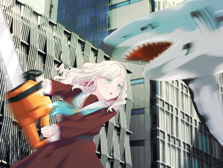 1girl absurdres aqua_neckerchief attack blue_eyes brown_dress ceras_yanagida_lilienfeld chainsaw commentary cowboy_shot d: dress great_white_shark grey_hair hair_ribbon hasu_no_sora_school_uniform highres holding holding_chainsaw link!_like!_love_live! long_hair long_sleeves love_live! motion_blur neckerchief open_mouth outdoors pink_ribbon pleated_dress ribbon sailor_collar sailor_dress school_uniform shark shirane_nanimo solo swept_bangs v-shaped_eyebrows virtual_youtuber white_sailor_collar winter_uniform