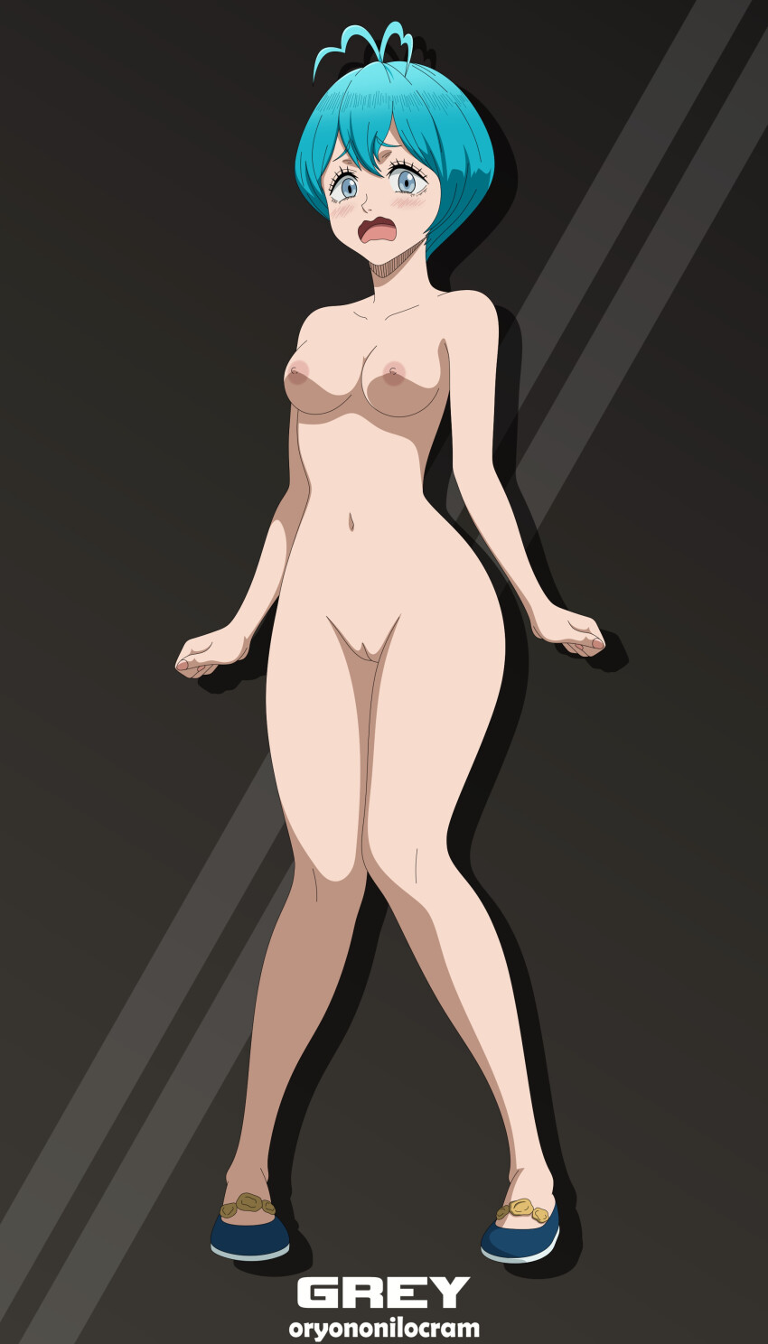1girl absurdres black_clover blue_eyes blue_hair blush grey_(black_clover) highres nude nude_filter open_mouth oryononilocram pussy short_hair solo third-party_edit