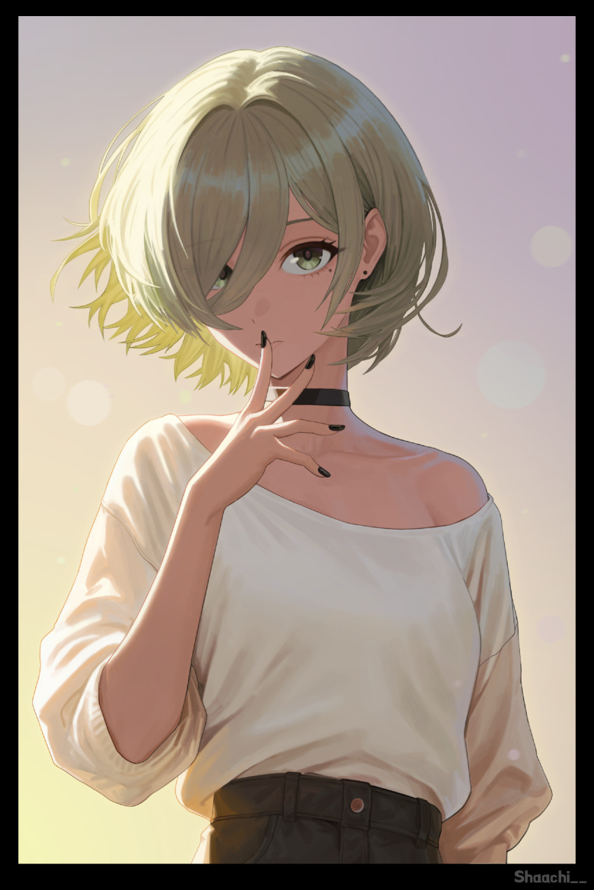 1girl black_choker blonde_hair breasts choker collarbone girls_band_cry green_eyes hair_over_one_eye high-waist_bottom highres looking_at_viewer rupa_(girls_band_cry) shaachi shirt short_hair single_bare_shoulder small_breasts solo white_shirt