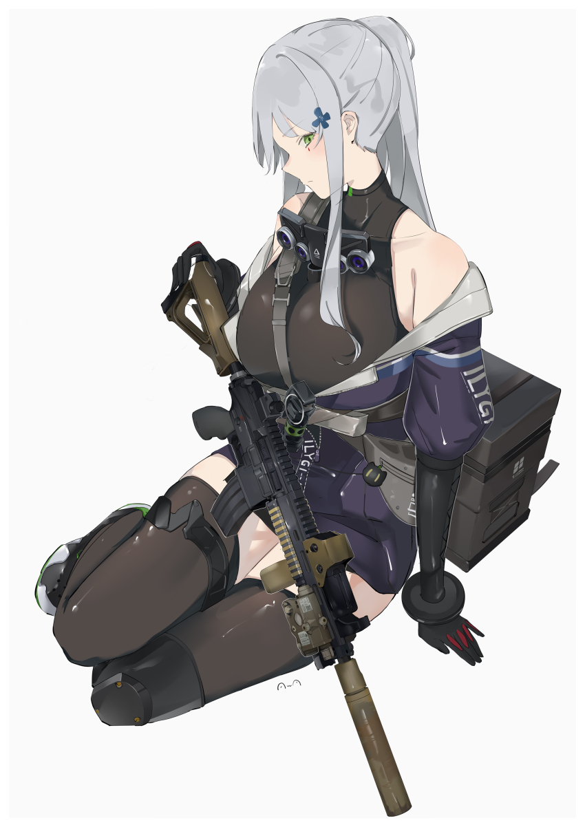 1girl absurdres assault_rifle black_thighhighs breasts closed_mouth commentary_request cross_hair_ornament full_body girls&#039;_frontline girls&#039;_frontline_2:_exilium green_eyes gun h&amp;k_hk416 hair_ornament highres hk416_(girls&#039;_frontline) holding holding_gun holding_weapon jacket klukai_(girls&#039;_frontline_2) large_breasts long_hair looking_at_viewer multicolored_jacket off_shoulder ponytail purple_jacket rifle sidelocks simple_background sitting solo suppressor sutekina_awa tattoo teardrop_facial_mark teardrop_tattoo thighhighs two-tone_jacket weapon white_background white_hair white_jacket