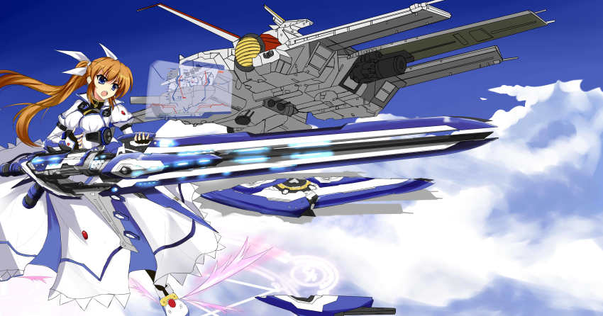 &gt;:o 1girl :o absurdres blue_eyes blue_sky brown_hair cloud day female_focus flying fortress_(nanoha) gundam gundam_unicorn highres lyrical_nanoha magic_circle mahou_senki_lyrical_nanoha_force mahou_shoujo_lyrical_nanoha mobile_suit_gundam nahel_argama sky solo spacecraft strike_cannon takamachi_nanoha tianyu_jifeng twintails v-shaped_eyebrows weapon