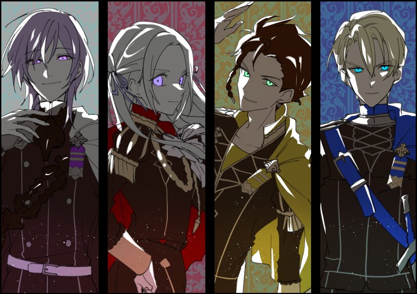absurdres bad_tag blonde_hair blue_eyes brown_hair cape claude_von_riegan dagger dimitri_alexandre_blaiddyd edelgard_von_hresvelg fire_emblem fire_emblem:_three_houses garreg_mach_monastery_uniform gloves green_eyes highres illust_mi knife nintendo purple_eyes purple_hair weapon white_gloves white_hair yuri_leclerc