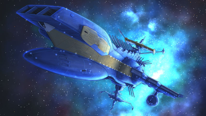 carrier commentary_request energy_cannon highres kinoshita_teitoku lights military muzzle nebula no_humans official_style original radar_dish radio_antenna science_fiction space spacecraft star_(symbol) star_symbol_background turret uchuu_senkan_yamato uchuu_senkan_yamato_2205:_arata_naru_tabidachi wave_motion_gun