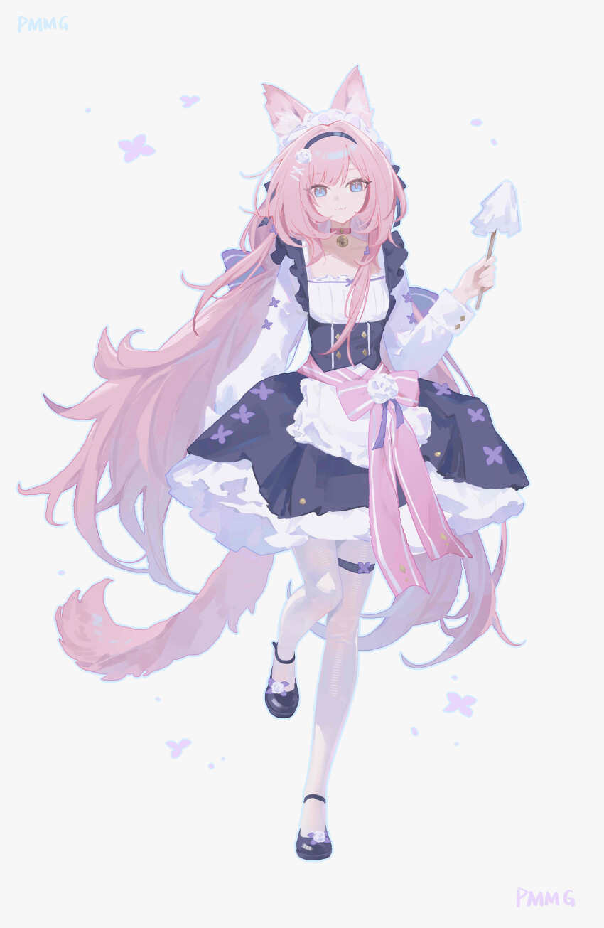 1girl :3 absurdres alternate_costume animal_ear_fluff apron artist_name black_dress black_shoes blue_eyes breasts buttons closed_mouth double-breasted dress elysia_(honkai_impact) full_body grey_background highres holding honkai_(series) honkai_impact_3rd long_hair long_sleeves looking_at_viewer missing_commentary pantyhose pink_hair pink_tail pmg shoes simple_background small_breasts smile solo tail thigh_strap very_long_hair waist_apron white_pantyhose