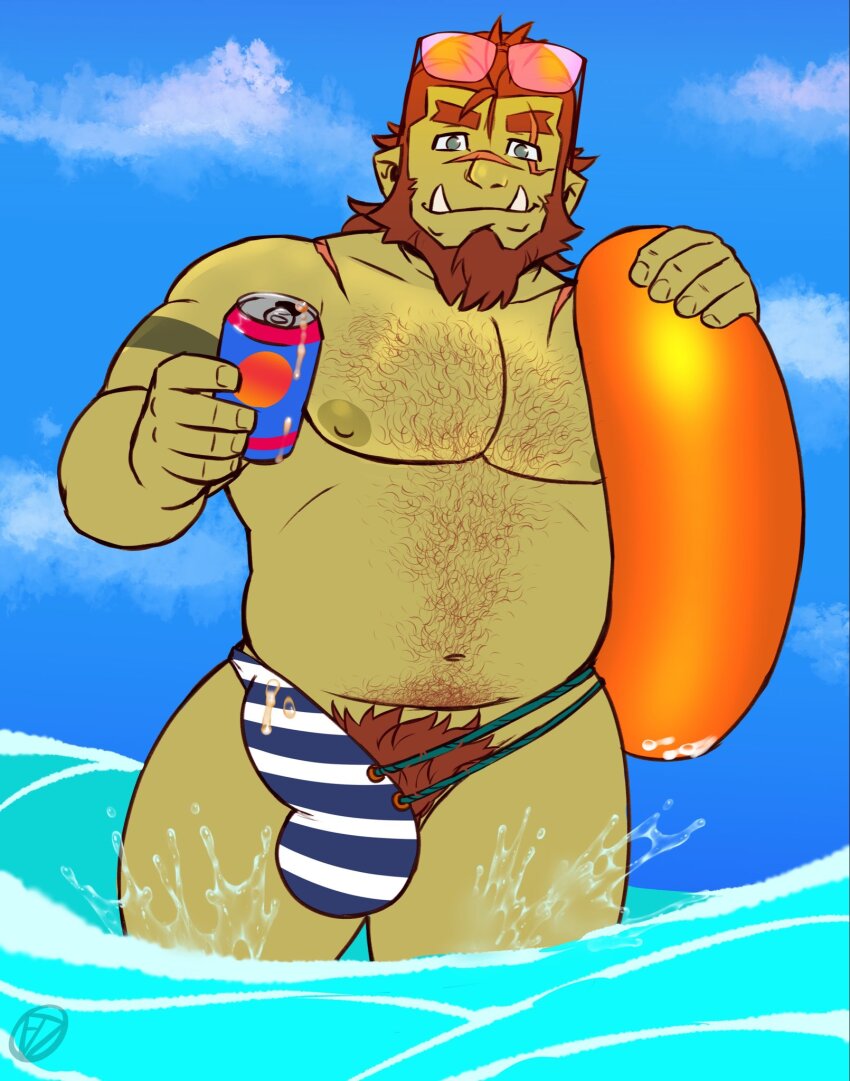 1boy alternate_costume bara beach beard belly blue_male_swimwear brown_hair chest_hair colored_skin covered_penis eyewear_on_head facial_hair feet_out_of_frame full_beard green_skin hairy highres holding holding_swim_ring innertube large_pectorals looking_at_viewer male_focus male_pubic_hair male_swimwear mature_male medium_hair monster_boy multicolored_male_swimwear muscular muscular_male navel_hair onlytusks orc original pectorals pointy_ears pubic_hair smile solo standing sunglasses swim_briefs swim_ring thick_beard thick_eyebrows thick_thighs thighs topless_male tusks unconventional_male_swimwear wading white_male_swimwear zorg_(onlytusks)
