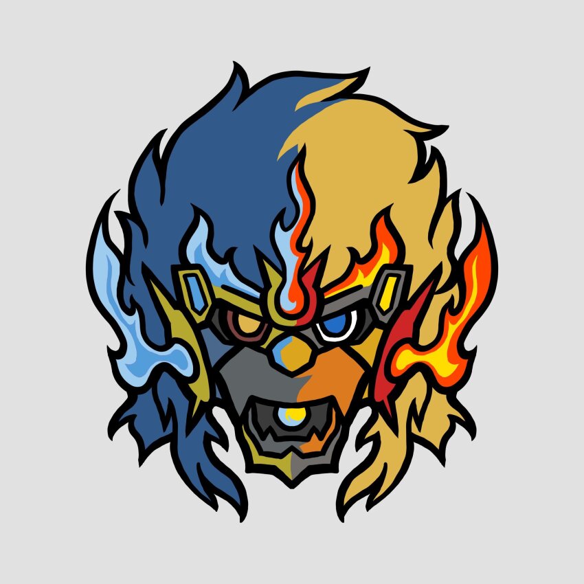 apollomon apollomon_whispered armor digimon digimon_(creature) fire highres lion long_hair looking_at_viewer sharp_teeth solo teeth