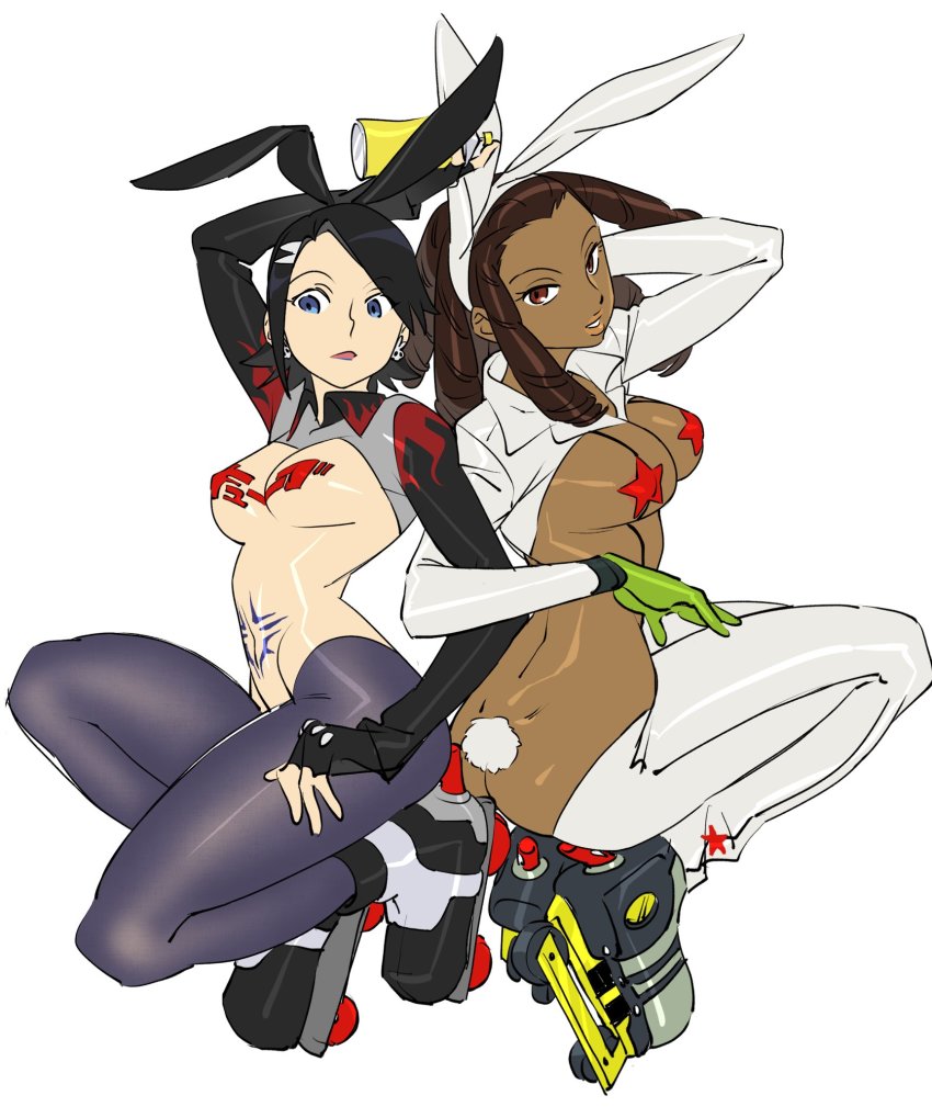 2girls animal_ears ass black_hair blue_eyes brown_eyes bunny_outfit butt_crack cube_(jsr) dimples_of_venus dreadlocks ear_piercing highres home1172 jet_grind_radio jet_set_radio meme_attire multiple_girls pantyhose pasties piercing piranha_(jsr) rabbit_ears reverse_bunnysuit reverse_outfit sega skates squatting tail tattoo