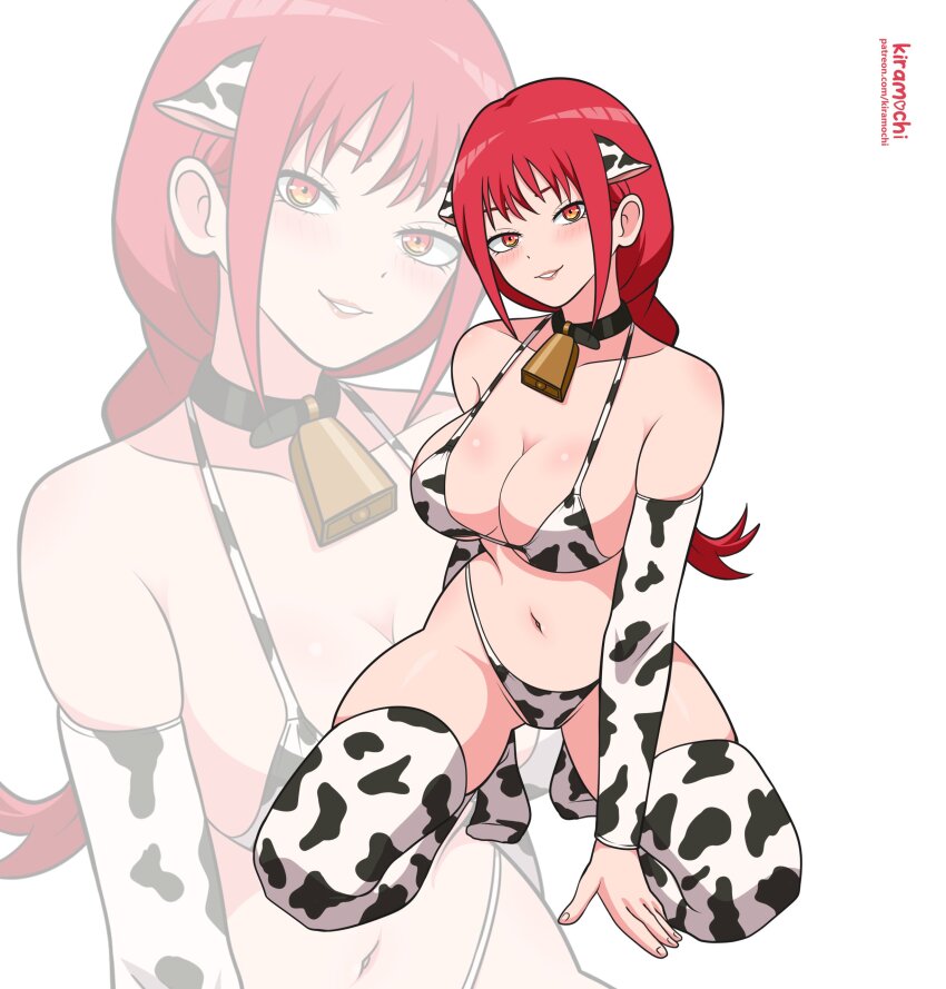animal_ears animal_print bikini braid braided_ponytail breasts chainsaw_man cow_ears cow_print cow_print_bikini cowbell elbow_gloves gloves kiramochi makima_(chainsaw_man) print_bikini red_hair ringed_eyes sidelocks swimsuit thighhighs yellow_eyes