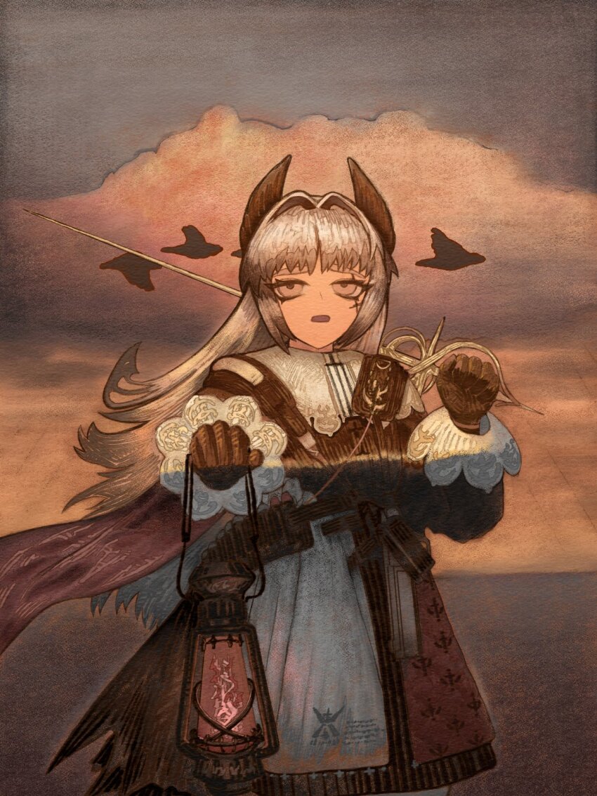 1girl ammunition_belt arknights belt black_gloves commentary english_commentary fire gloves grey_eyes grey_hair gun hair_intakes handgun head_wings highres holding holding_lantern holding_sword holding_weapon holstered irene_(arknights) lantern long_hair open_mouth pink_fire rapier revolver scar scar_across_eye scar_on_face solo sword thiccborb weapon wings
