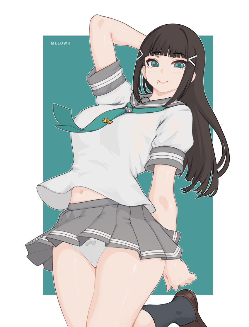 1girl absurdres arm_behind_head arm_up black_hair black_socks blush bow bow_panties breasts brown_shoes crotch_seam green_eyes green_neckerchief grey_bow grey_shirt grey_skirt hair_ornament hairclip highres kurosawa_dia large_breasts long_hair looking_at_viewer love_live! love_live!_sunshine!! melowh mole mole_under_mouth navel neckerchief panties puffy_sleeves school_uniform shirt shoes short_sleeves skirt smile socks standing standing_on_one_leg underwear white_background white_panties wind wind_lift