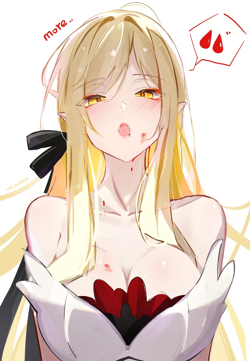 1girl absurdres bare_arms bare_shoulders black_ribbon blonde_hair blood blood_on_face blush breasts cleavage dress fangs hair_ribbon highres kiss-shot_acerola-orion_heart-under-blade large_breasts long_hair looking_at_viewer monogatari_(series) open_mouth oshino_shinobu pointy_ears ribbon sidelocks sleeveless sleeveless_dress solo strapless strapless_dress upper_body vampire voi_271 white_dress yellow_eyes