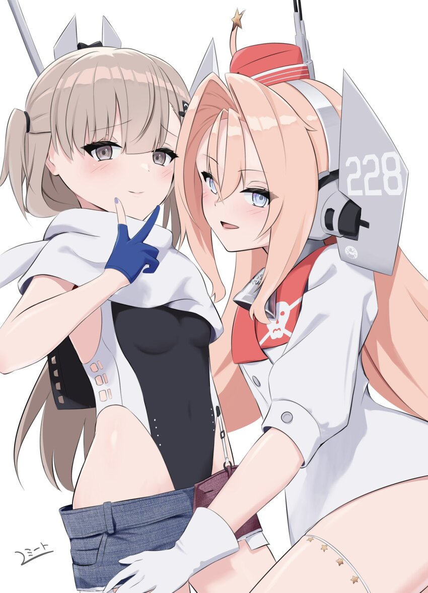 2girls american_flag american_flag_print american_flag_skirt bell black_one-piece_swimsuit blue_gloves brown_hair coat denim denim_skirt drum_(kancolle) flag_print garrison_cap gloves grey_eyes hair_ornament hat headgear highleg highleg_one-piece_swimsuit highres kantai_collection l_meet long_hair looking_at_viewer multiple_girls neck_bell one-piece_swimsuit partially_fingerless_gloves pink_hair print_skirt red_hat scarf simple_background skirt skull_print smile star_(symbol) star_hair_ornament star_ornament super_highleg swimsuit swimsuit_under_clothes two-tone_one-piece_swimsuit v wahoo_(kancolle) white_background white_coat white_gloves white_scarf
