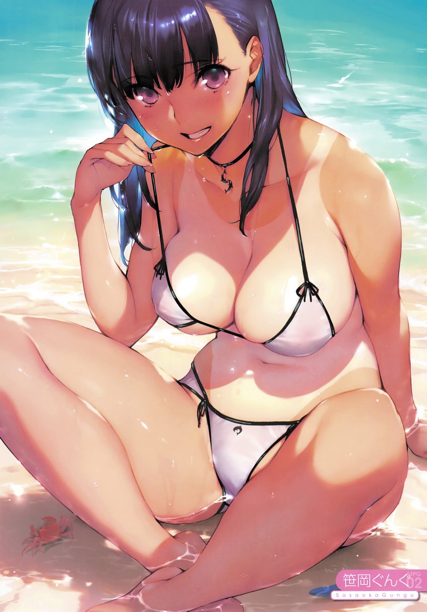 1girl absurdres bare_shoulders barefoot beach bikini blue_hair breasts choker collarbone crab day female_focus grin highres large_breasts long_hair looking_at_viewer navel one-piece_tan original outdoors partially_submerged purple_eyes sasaoka_gungu scan shiny_skin sitting smile solo strap_pull string_bikini swimsuit tan tanline thighs water wet wet_hair white_bikini
