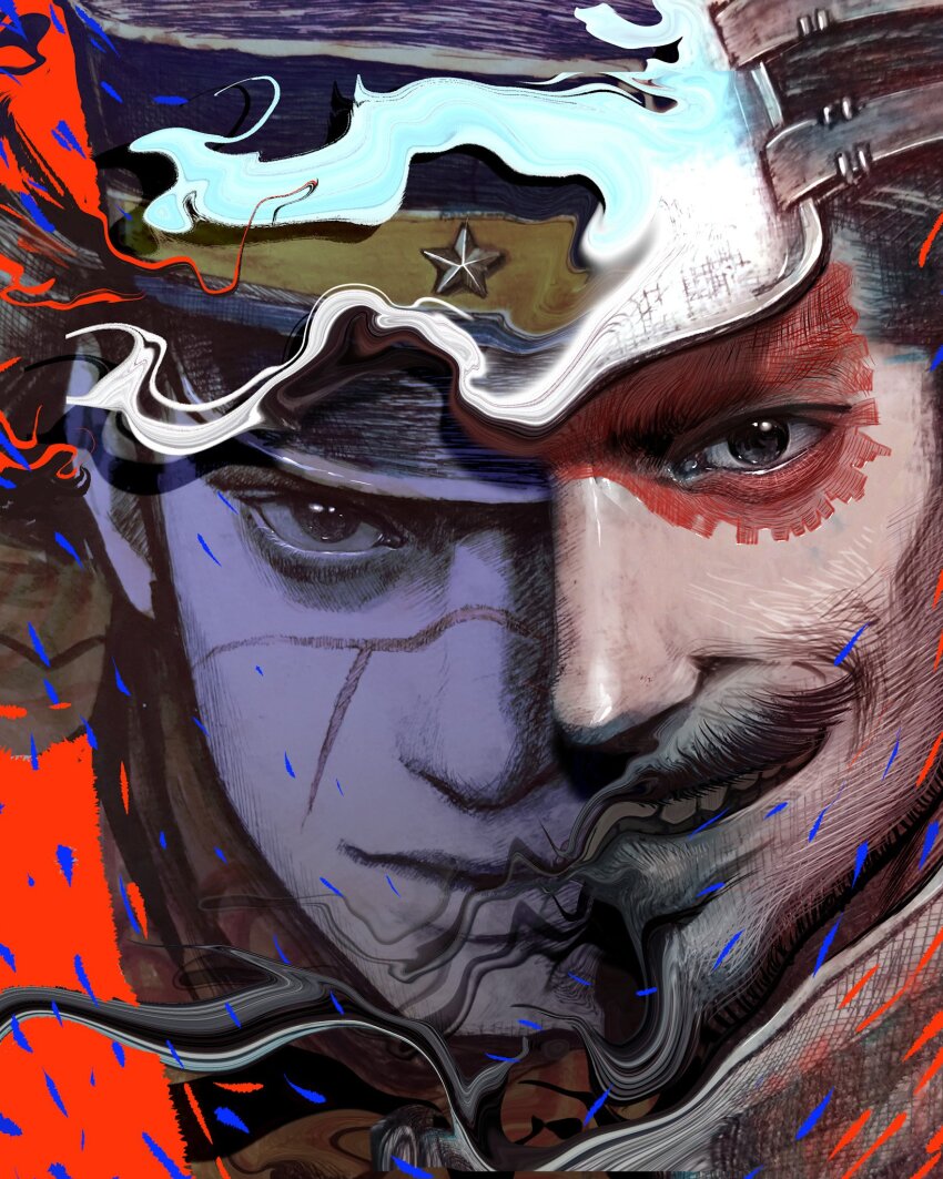 2boys abstract asian black_hair facial_hair facial_scar golden_kamuy hat highres kepi looking_at_viewer male_focus military_hat multiple_boys mustache nisino2222 realistic scar scar_on_cheek scar_on_face scar_on_mouth scar_on_nose short_hair smile split_theme sugimoto_saichi transformation tsurumi_tokushirou