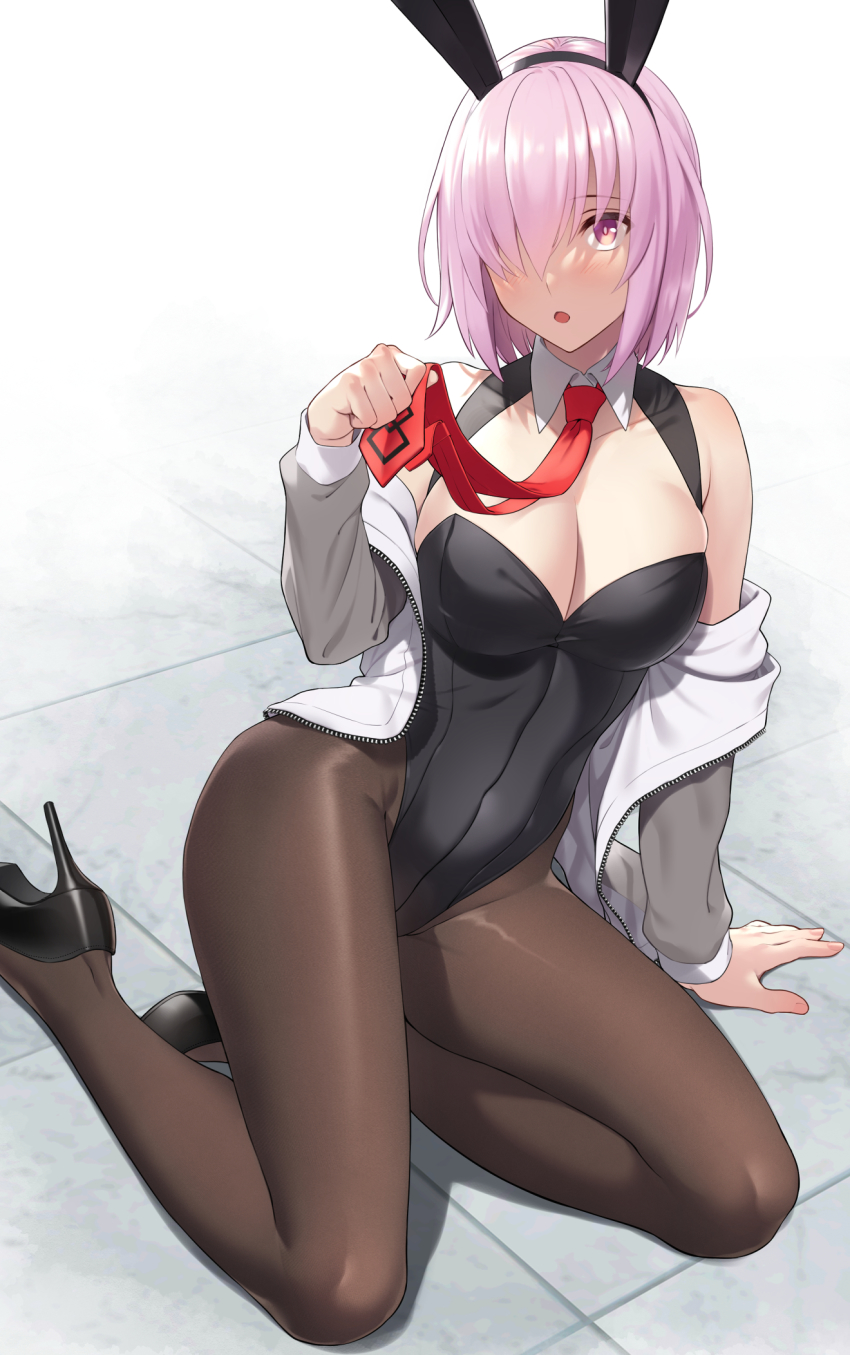 1girl alternate_costume animal_ears bare_shoulders black_leotard blush breasts brown_pantyhose cleavage collarbone commission detached_collar fake_animal_ears fate/grand_order fate_(series) grey_jacket hair_over_one_eye high_heels highleg highleg_leotard highres jacket large_breasts leotard light_purple_hair long_sleeves looking_at_viewer mash_kyrielight necktie off_shoulder open_clothes open_jacket open_mouth pantyhose playboy_bunny prime_(prime_tw) purple_eyes rabbit_ears red_necktie short_hair skeb_commission solo thighs