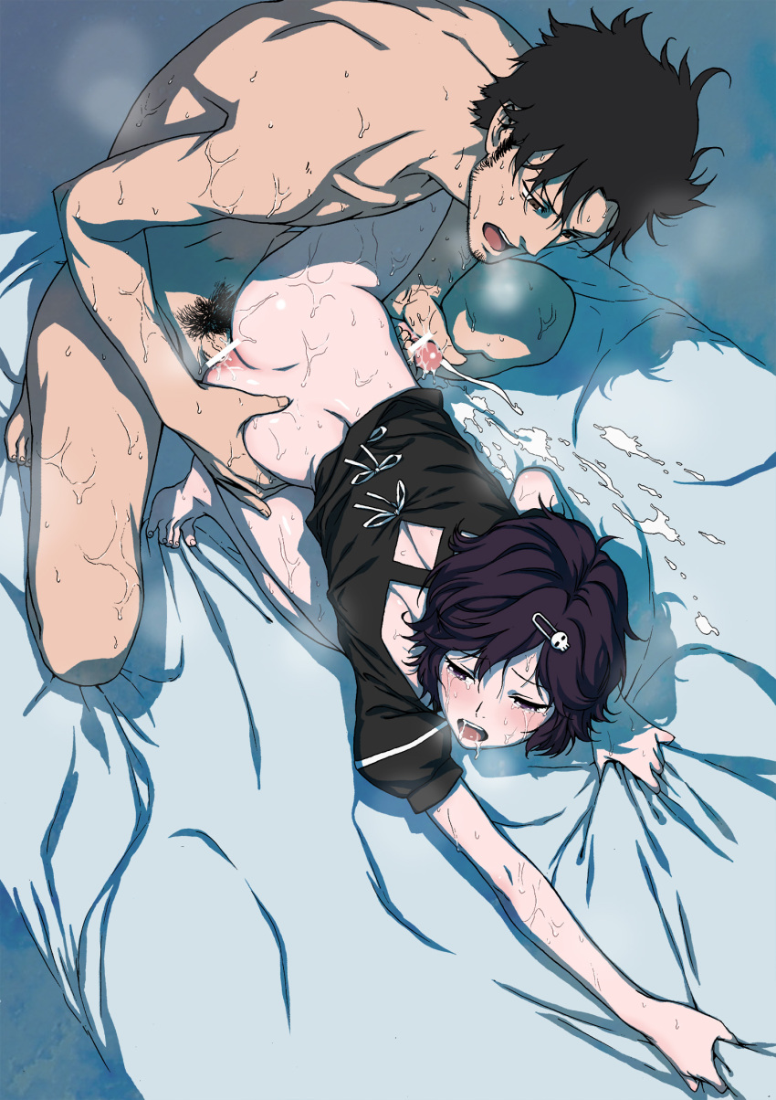 2boys anal black_hair black_shirt bottomless brown_eyes cum ejaculating_while_penetrated ejaculation facial_hair fetishist hair_ornament hairclip hand_on_another&#039;s_ass handjob_while_penetrated multiple_boys nude okabe_rintarou on_bed pubic_hair purple_eyes reach-around sex shirt short_hair skull_hair_ornament steins;gate trap urushibara_ruka yaoi