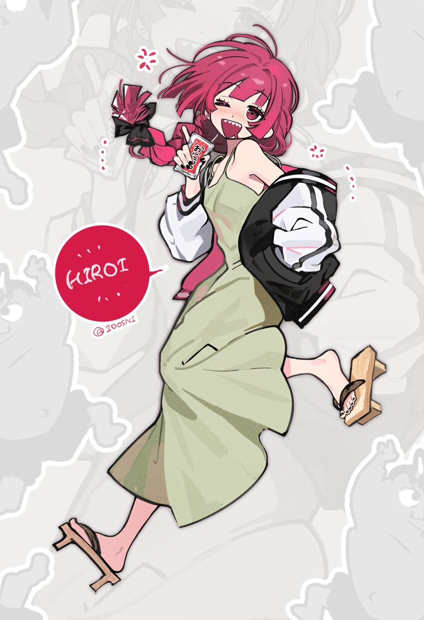 1girl absurdres alcohol alcohol_carton black_bow black_jacket black_nails blush bocchi_the_rock! bow braid carton character_name closed_eyes dress drooling drunk earrings film_grain fingernails geta green_dress hair_bow highres hiroi_kikuri holding holding_carton jacket jangchajsam japanese_clothes jewelry long_dress long_hair looking_at_viewer mouth_drool multicolored_jacket nail_polish one_eye_closed open_clothes open_jacket open_mouth purple_eyes purple_hair ringed_eyes sandals sharp_teeth single_braid single_earring smile solo spaghetti_strap stud_earrings teeth toenail_polish toenails twitter_username two-tone_jacket white_jacket