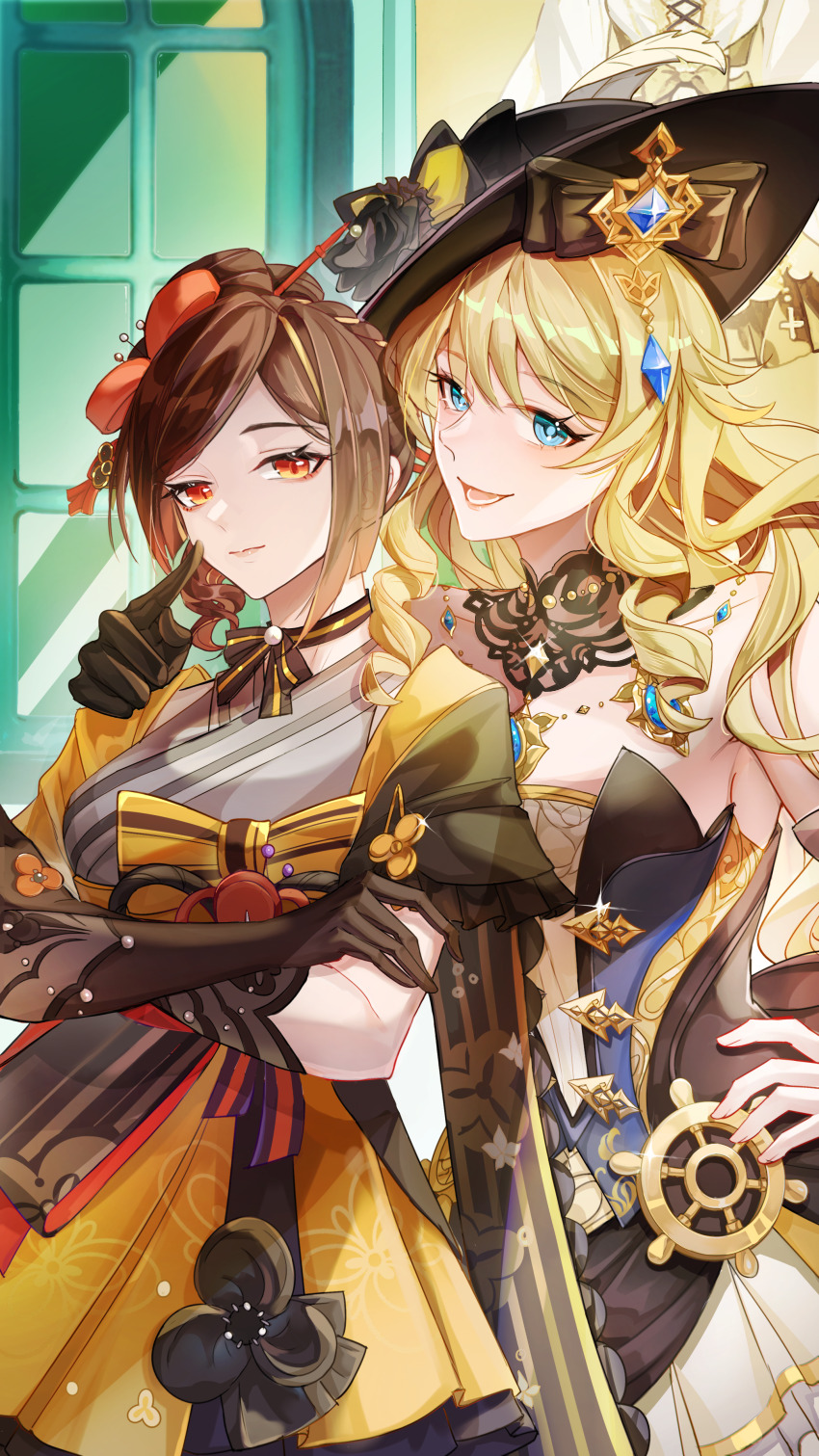 2girls absurdres asymmetrical_sidelocks black_gloves black_hat blonde_hair blue_eyes blue_gemstone breasts brown_gloves brown_hair brown_sleeves chiori_(genshin_impact) closed_mouth detached_sleeves drill_hair drill_ponytail drill_sidelocks flower forehead gem genshin_impact gloves grey_kimono hair_between_eyes hair_ornament hat hat_feather hat_flower highres japanese_clothes jewelry kimono lace-trimmed_collar lace_trim long_hair looking_at_viewer medium_breasts multicolored_hair multiple_girls navia_(genshin_impact) open_mouth orange_eyes pantyhose red_sash rose sash shenjudongmandabanban ship&#039;s_wheel_ornament short_kimono short_sleeves sidelocks skirt smile thighhighs thighhighs_over_pantyhose uraku_misugiri_(genshin_impact) very_long_hair yellow_flower yellow_kimono yellow_rose yellow_skirt yuri