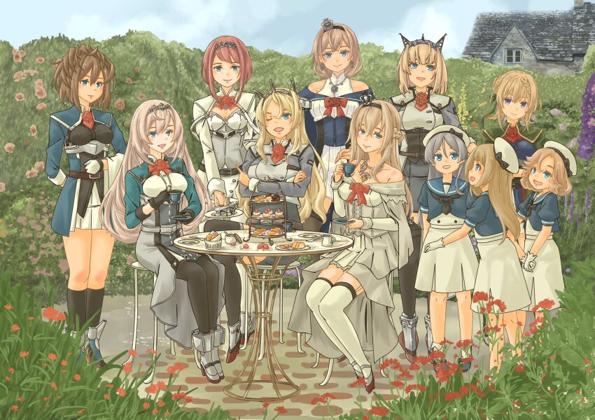 ark_royal_(kancolle) blonde_hair blue_sky brown_hair cloud country_connection crown day dress full_body garden headgear highres house janus_(kancolle) javelin_(kancolle) jervis_(kancolle) kantai_collection long_hair military_uniform mini_crown nelson_(kancolle) outdoors perth_(kancolle) pot-de red_hair rodney_(kancolle) sailor_dress sheffield_(kancolle) short_hair sitting sky standing table tea_set tiered_tray valiant_(kancolle) victorious_(kancolle) warspite_(kancolle)