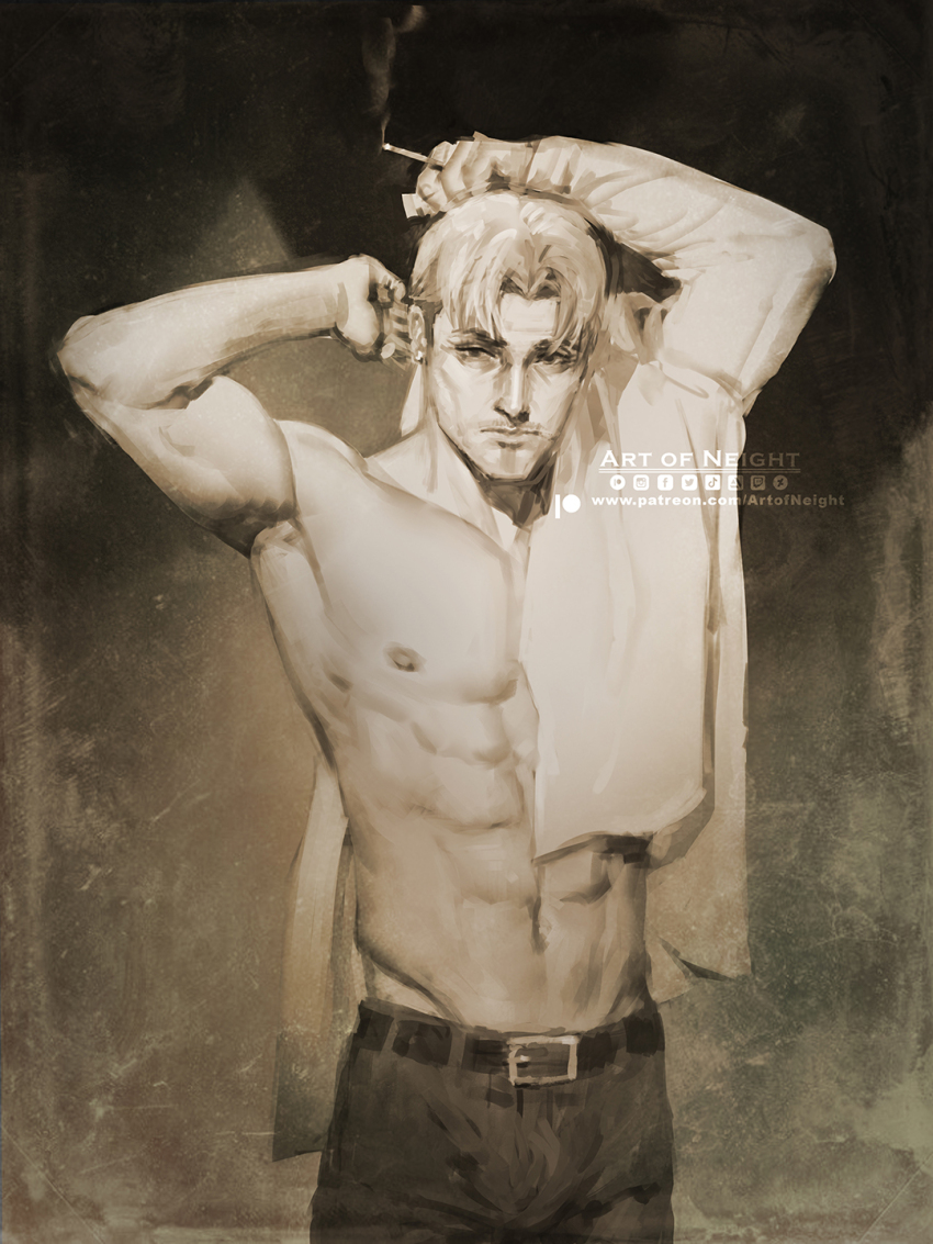 1boy abs arms_up art_of_neight artist_name bara belt biceps chainsaw_man cigarette curtained_hair facial_hair highres holding holding_cigarette kishibe_(chainsaw_man) looking_at_viewer male_focus muscular muscular_male partially_undressed sepia shirt short_hair smoke solo stitched_face stitches stubble twitter_logo white_shirt