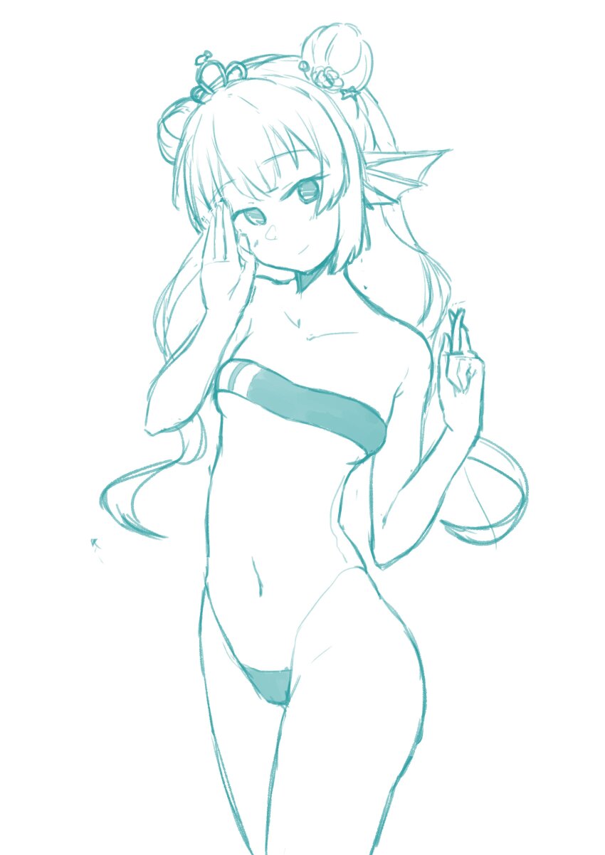 1girl absurdres alternate_costume aqua_theme bare_shoulders breasts casual_one-piece_swimsuit closed_mouth collarbone covered_navel cowboy_shot crossed_fingers double_bun finana_ryugu fins fish_girl flower gris_swimsuit groin hair_bun hair_flower hair_ornament hands_up head_fins head_tilt highleg highleg_one-piece_swimsuit highres long_hair looking_at_viewer monochrome nijisanji nijisanji_en one-piece_swimsuit see-through_clothes see-through_one-piece_swimsuit simple_background sketch small_breasts smile solo standing strapless strapless_one-piece_swimsuit swimsuit tiara twintails underboob virtual_youtuber white_background yarashi_thought