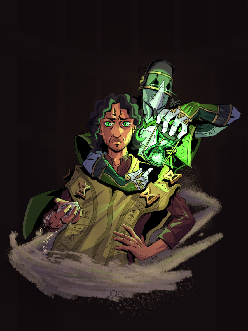 1boy 1other absurdres artist_request black_background bruno_madrigal cropped_torso dark-skinned_male dark_skin encanto eye_trail glowing glowing_eyes green_eyes highres hourglass jojo_no_kimyou_na_bouken light_trail looking_at_viewer sand simple_background stand_(jojo) weird_doodle
