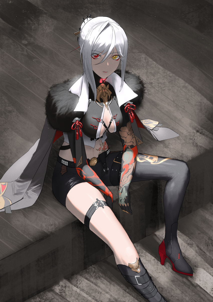 1girl absurdres alpha_(pgr) alternate_costume asymmetrical_legwear bell_(only-id_228) boots breasts cleavage fur-trimmed_jacket fur_trim hair_between_eyes high_heel_boots high_heels highres jacket jacket_on_shoulders legband looking_at_viewer lucia:_crimson_weave_(pgr) lucia:_crimson_weave_(tsubaki)_(pgr) medium_breasts official_alternate_costume punishing:_gray_raven red_eyes sidelocks sitting smile solo stomach_tattoo tattoo white_hair wooden_floor yellow_eyes