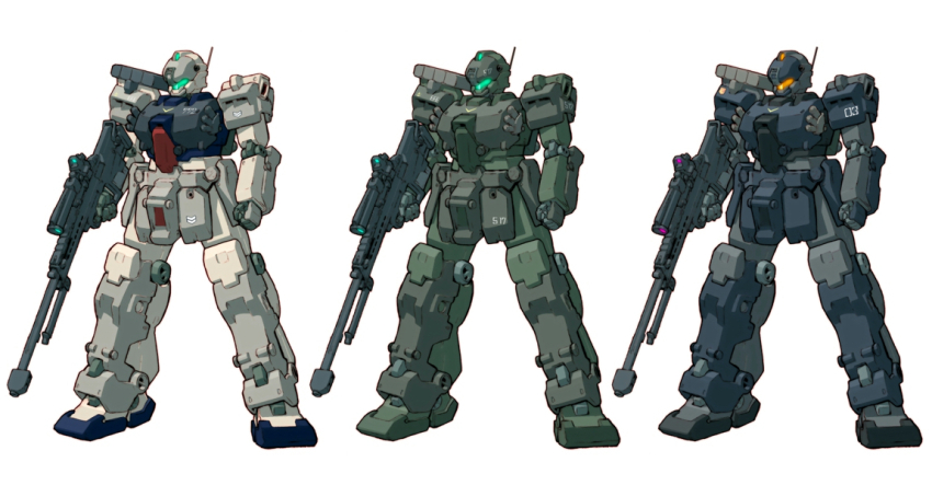 blue_visor bullpup color_variation commentary_request comparison earth_federation gm_(mobile_suit) gm_sniper gm_sniper_custom gm_sniper_ii gm_sniper_iii green_visor gun gundam machinery mecha mecha_focus mobile_suit no_humans original radio_antenna redesign rifle robot science_fiction scope sniper_rifle tessaku_ro titans_(gundam) weapon white_background yellow_visor