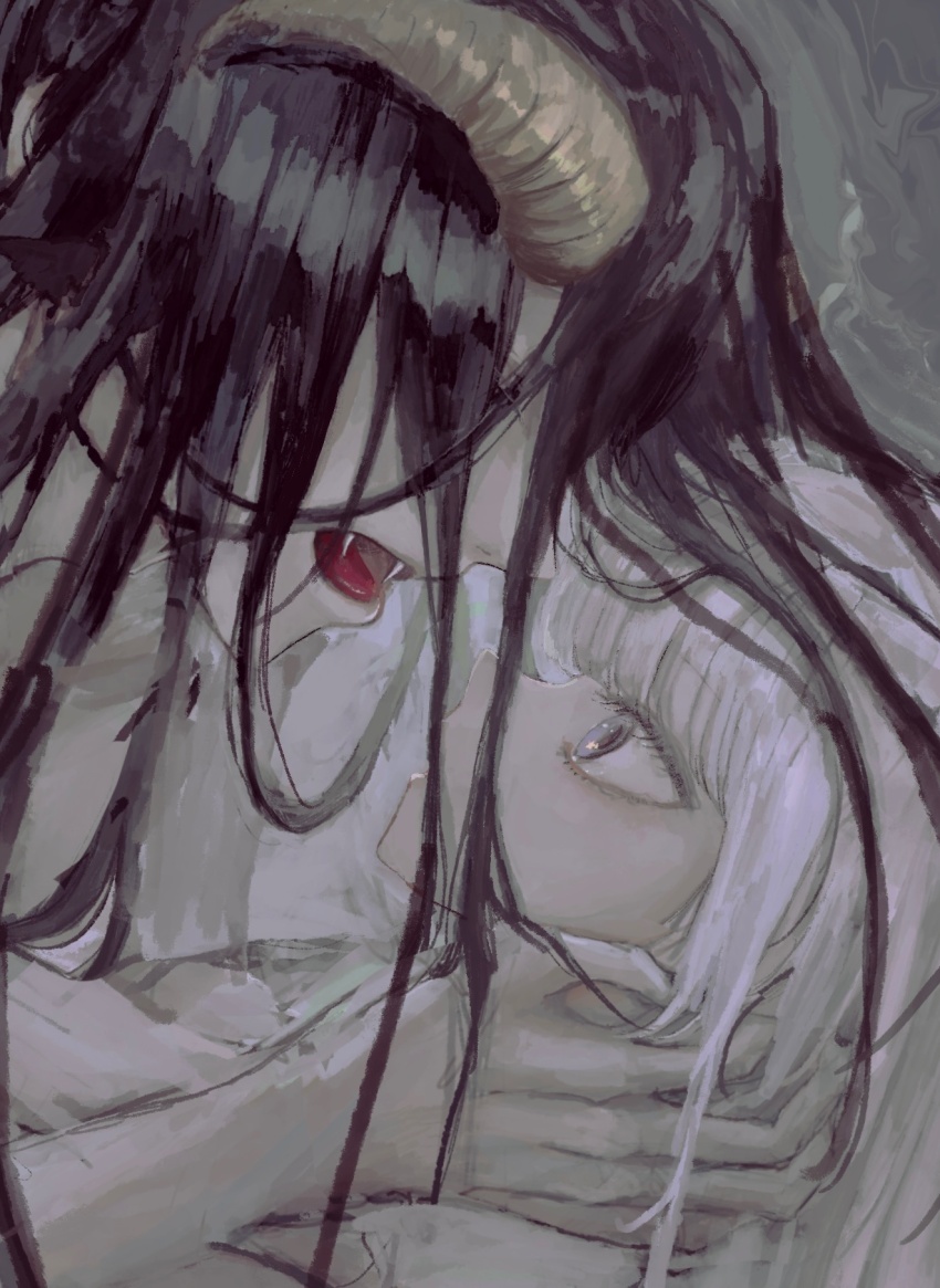 1boy 1girl aurora_sya_lis_kaymin close-up demon_cleric fangs hands_on_another&#039;s_neck highres horns long_hair maou-jou_de_oyasumi mooo_on5 purple_eyes purple_hair tongue upper_body