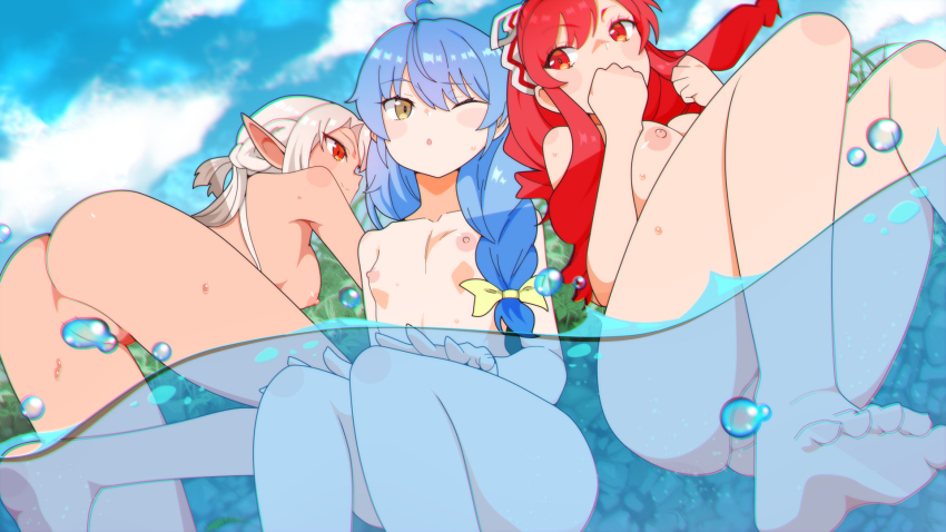 3girls ;o a_rank_party_o_ridatsu_shita_ore_wa_moto_oshiego-tachi_to_meikyuu_shinbu_o_mezasu ass barefoot blue_hair blue_sky bow braid breasts chromatic_aberration clenched_hand cloud clover completely_nude convenient_censoring dark-skinned_female dark_elf dark_skin elf feet from_below grass hair_bow hair_over_shoulder hair_ribbon half_up_half_down_braid highres lake large_breasts long_hair marina_(aparida) multiple_girls nipples nude one_eye_closed orange_eyes outdoors partially_submerged partially_underwater_shot pointy_ears ponytail rain_(aparida) rbx_lamen red_eyes red_hair ribbon silk_amberwood sitting sky small_breasts smile underwater water water_censor water_drop white_hair yellow_bow yellow_eyes