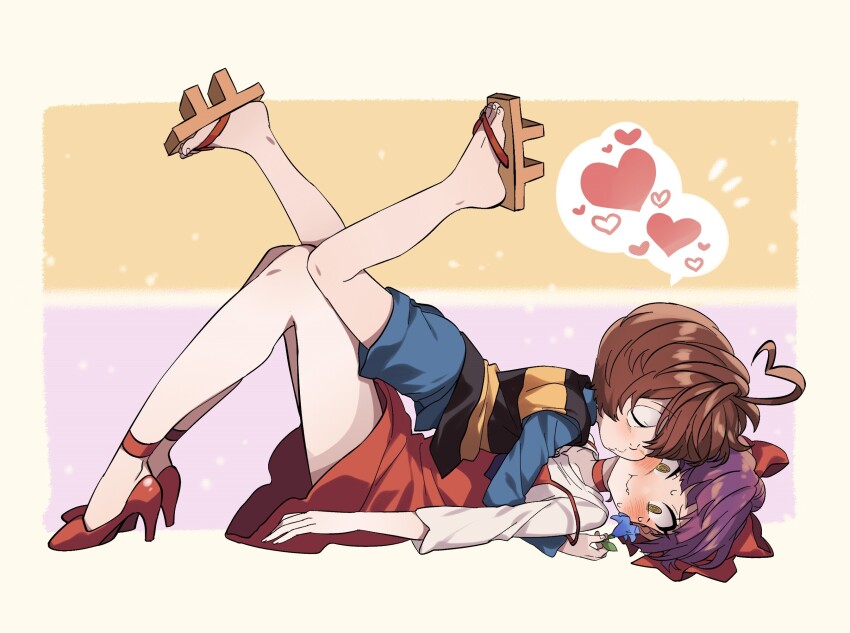1boy 1girl @_@ blush brown_hair commentary_request draw_your_fav_ship_like_this_(meme) gegege_no_kitarou hair_over_one_eye heart hetero high_heels highres kitarou meme nekomusume nekomusume_(gegege_no_kitarou_6) o3o on_person purple_hair red_footwear sandals short_hair silanduqiaocui spoken_heart yellow_eyes