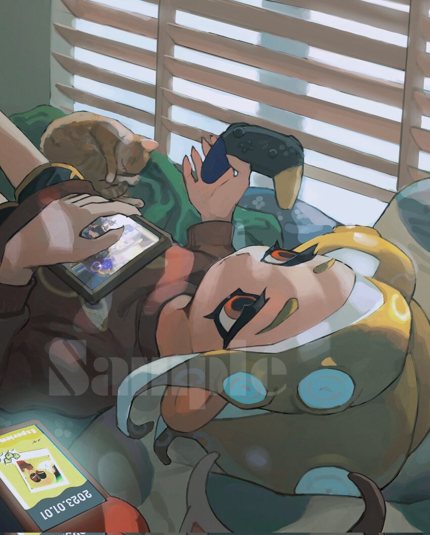 1girl animal_ear_hairband animal_ears black_shorts blonde_hair cat cat_ear_hairband cat_ears cellphone closed_mouth controller corrupted_twitter_file dolphin_shorts expressionless fake_animal_ears fingernails game_controller hairband half-closed_eyes highres holding holding_controller holding_game_controller holding_photo indoors inkling_(language) long_sleeves lying medium_hair miko_(15476997) nintendo nintendo_switch_pro_controller octoling octoling_girl octoling_player_character on_back orange_cat parted_bangs phone photo_(object) red_eyes red_shirt sample_watermark sharp_fingernails shirt shorts sleeping_animal smartphone solo splatoon_(series) splatoon_3 tentacle_hair unworn_hairband watermark