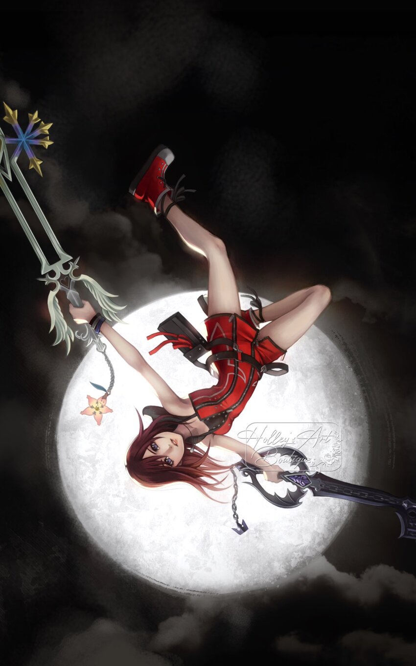 1girl bare_shoulders blue_eyes boots breasts dead_fantasy dress dual_wielding fighting_stance full_body full_moon hair_between_eyes highres holding hollypolllyy keyblade kingdom_hearts kingdom_hearts_ii long_hair looking_at_viewer medium_breasts moon paopu_fruit parted_lips pink_dress red_hair red_shoes shoes short_dress sign sleeveless sleeveless_dress solo upside-down waist_bag wristband