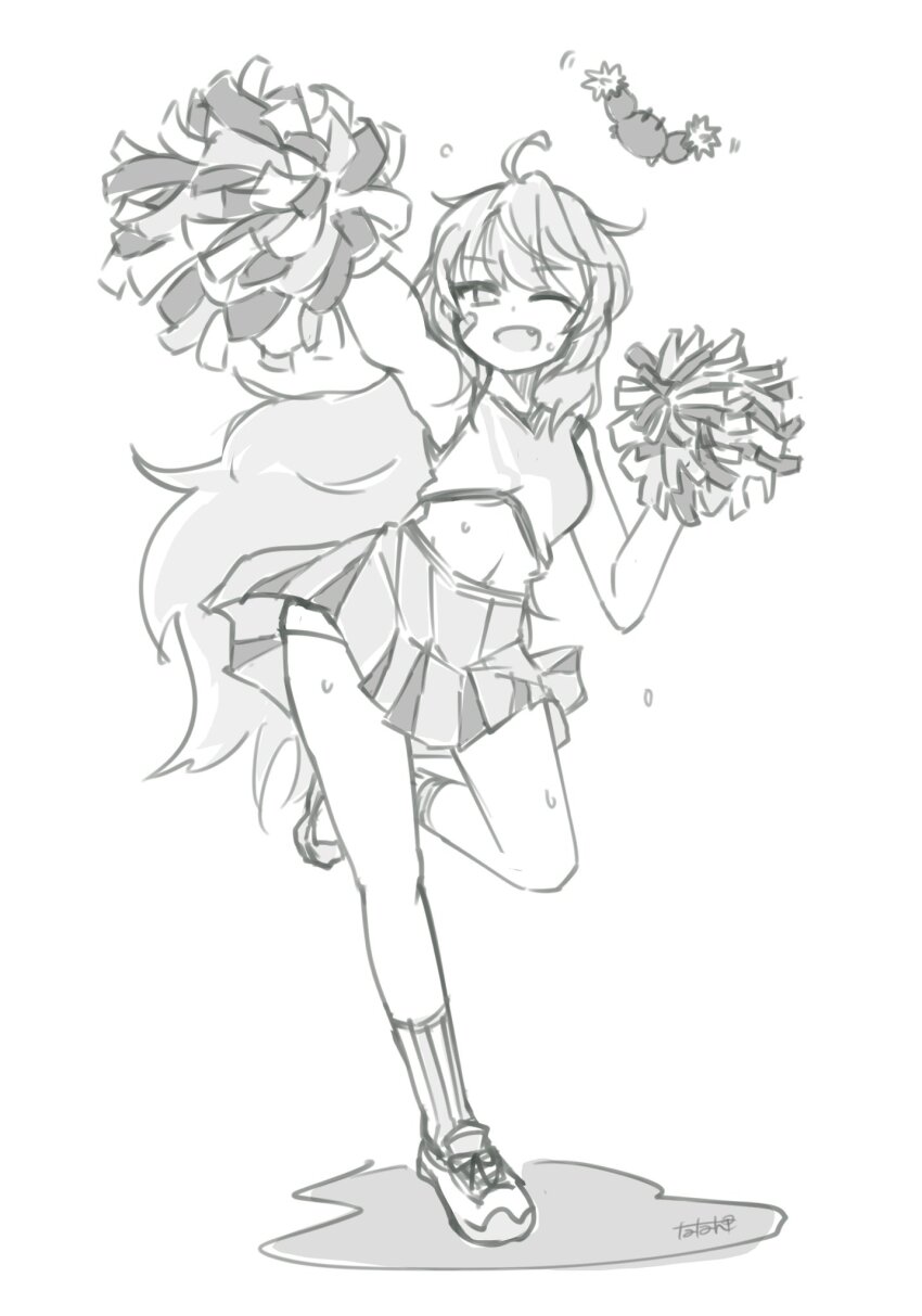 1girl ahoge alternate_hair_length alternate_hairstyle bandaid bandaid_on_face cheerleader crab dress fang full_body greyscale highres holding holding_pom_poms kantai_collection long_hair miniskirt monochrome oboro_(kancolle) one_eye_closed pleated_dress pom_pom_(cheerleading) pom_poms shirt skirt sleeveless sleeveless_shirt solo sweat tatahai very_sweaty