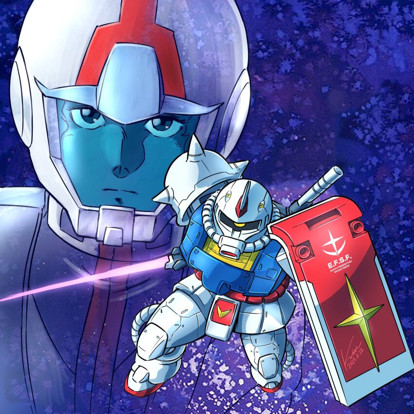 1boy amuro_ray artist_name closed_mouth earth_federation_space_forces energy_sword fusion gundam gundam_gquuuuuux helmet highres holding holding_sword holding_weapon kobakin looking_at_viewer mecha mecha_pilot_suit military military_uniform mobile_suit mobile_suit_gundam normal_suit_(gundam) one-eyed robot science_fiction shield short_hair signature sword weapon yellow_eyes zaku zaku_ii zaku_ii_s