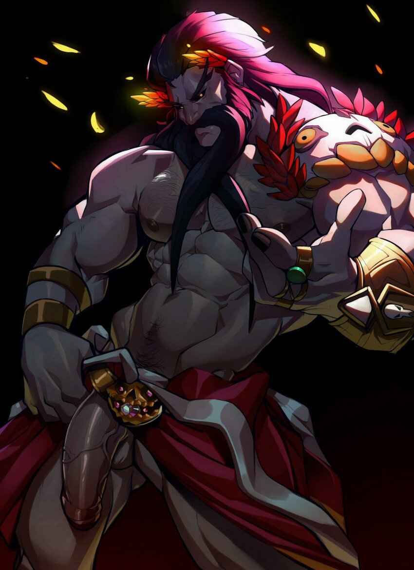 1boy bara beard black_background black_hair closed_mouth commentary facial_hair flaccid foreskin hades_(hades) hades_(series) highres holo_eden laurel_crown looking_at_viewer male_focus outstretched_hand penis symbol-only_commentary testicles veins veiny_penis