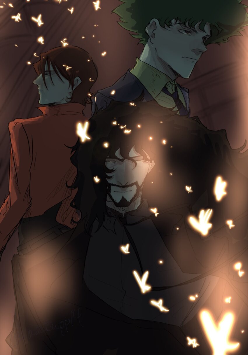 1girl 2boys beard black_hair bug butterfly cowboy_bebop electra_ovilo expressionless facial_hair green_hair highres insect jacket multiple_boys mustache necktie red_jacket shirt short_hair spike_spiegel tobalin vincent_volaju yellow_shirt