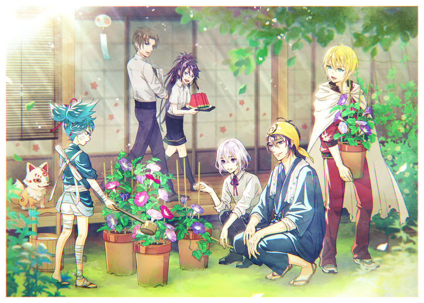 6+boys aqua_eyes bandana black_hair black_socks blonde_hair blue_eyes blue_hair brown_hair bucket collared_shirt flower flower_pot food fox fruit fudou_yukimitsu heshikiri_hasebe honebami_toushirou japanese_clothes kneehighs konnosuke ladle leaf male_focus mikazuki_munechika morning_glory multiple_boys open_mouth pants ponytail purple_eyes purple_hair sandals sayo_samonji shirt shorts slice_of_life sliding_doors smile socks squatting touken_ranbu towel towel_around_neck track_suit walking watermelon white_hair wind_chime yamanbagiri_kunihiro yuma_(yuma001959)