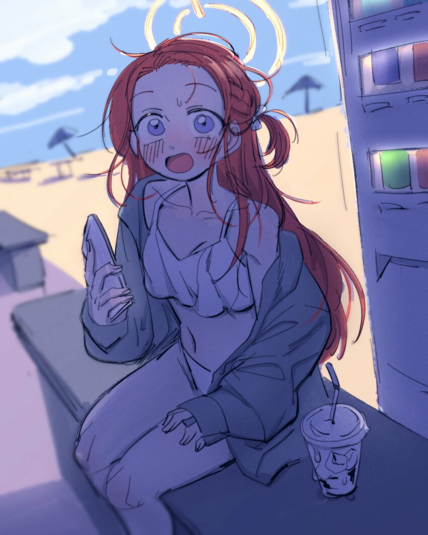 1girl beach blue_archive drink flustered halo highres hobgoblin-kim navel phone red_hair sitting solo vending_machine yuzu_(blue_archive)