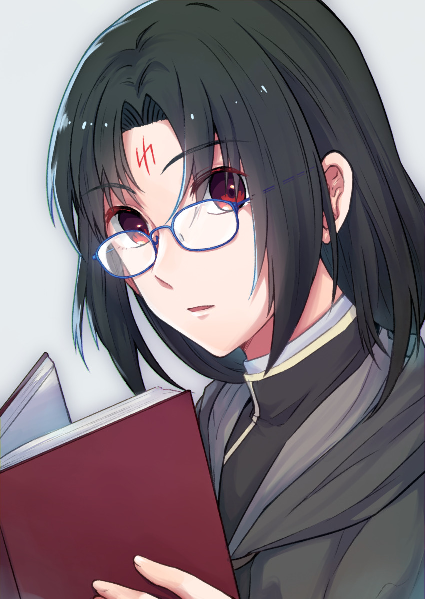 1boy black_hair book commentary_request facial_mark fire_emblem fire_emblem:_path_of_radiance forehead_mark glasses highres holding holding_book long_hair looking_at_viewer male_focus mochi88543 nintendo parted_lips red_eyes solo soren_(fire_emblem)