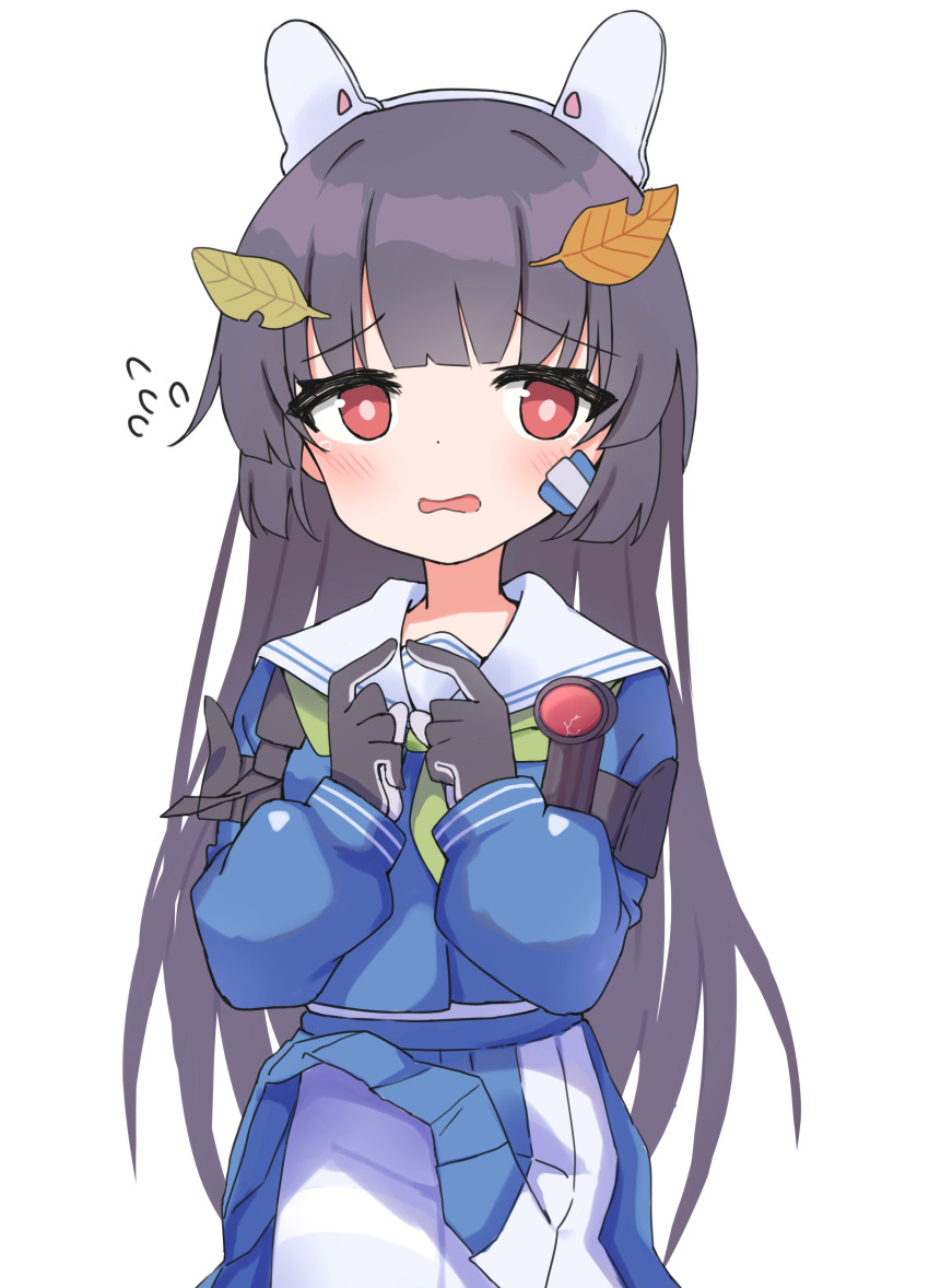 absurdres animal_ears black_gloves black_hair blue_archive blue_shirt blue_skirt blush bright_pupils fake_animal_ears flying_sweatdrops gloves green_necktie highres hikero_(1392388676) leaf leaf_on_head long_hair miyu_(blue_archive) necktie open_mouth pleated_skirt rabbit_ears red_eyes sailor_collar school_uniform shirt skirt solo white_background white_pupils white_sailor_collar