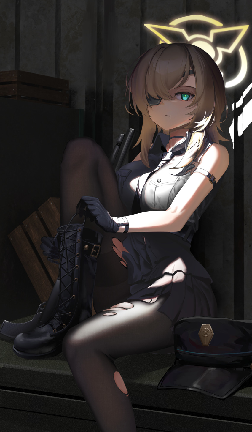 1girl aircctzillie bare_arms bare_shoulders black_boots black_choker black_gloves black_hat black_necktie black_pantyhose black_skirt blonde_hair blue_archive boots choker closed_mouth eyepatch gloves green_eyes grey_shirt hair_over_one_eye hat highres long_hair necktie pantyhose shirt sidelocks sitting skirt sleeveless sleeveless_shirt solo suou_(blue_archive) torn_clothes torn_pantyhose tying_footwear