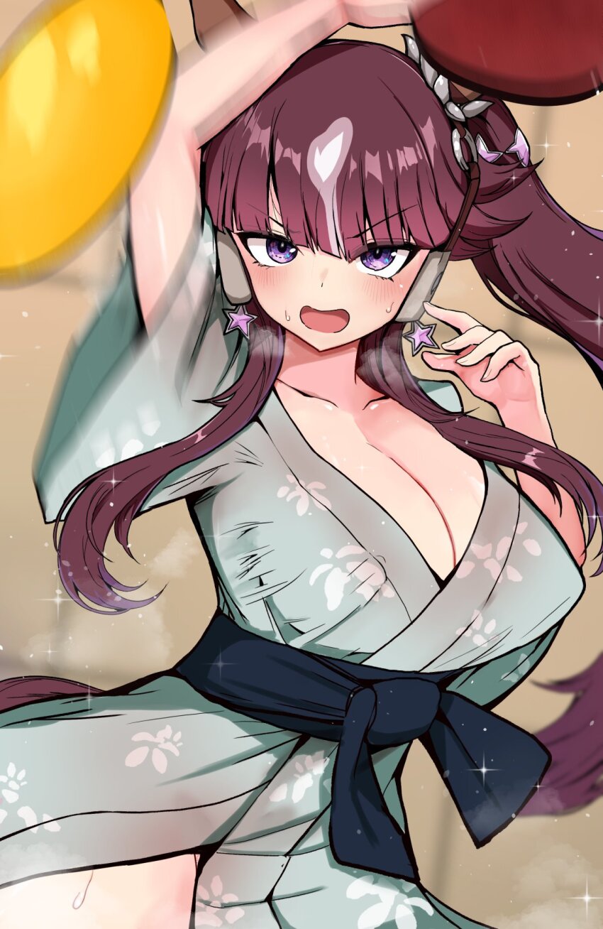 akizuki_shigure alternate_costume blurry blurry_background breasts brown_hair cleavage collarbone hair_between_eyes hair_ornament highres horse_girl large_breasts looking_at_viewer lucky_lilac_(umamusume) paddle purple_eyes side_ponytail steaming_body sweat table_tennis table_tennis_paddle umamusume