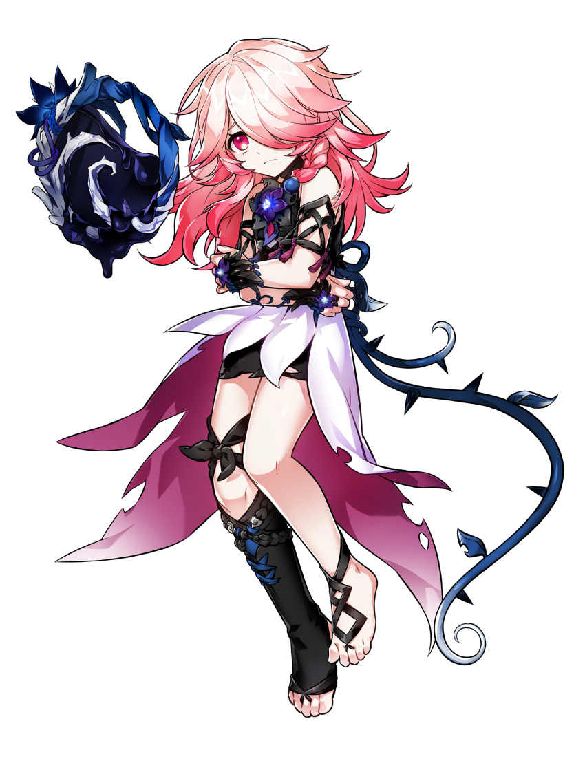1girl absurdres alternate_costume alternate_hairstyle arm_ribbon arm_vines asymmetrical_legwear barefoot barefoot_sandals_(jewelry) black_ribbon black_skirt black_socks braid crossed_arms dress elsword fingerless_gloves flower frown full_body gloves hair_over_one_eye highres kneehighs laby_(elsword) leg_ribbon long_dress long_hair looking_ahead miniskirt nisha_(elsword) official_art open_clothes open_dress pink_eyes pink_hair plant purple_flower ribbon rusty_child_(elsword) sad single_kneehigh single_sock skirt socks solo toeless_legwear transparent_background uneven_legwear vines white_dress