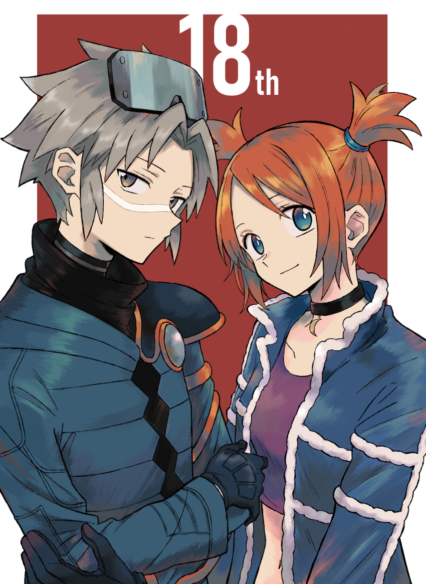 1boy 1girl anniversary black_choker black_gloves blue_coat blue_eyes blue_jacket brown_eyes brown_hair choker closed_mouth coat collarbone commentary_request eyelashes gloves highres ittumozzz jacket navel nintendo open_clothes open_jacket orange_hair pokemon pokemon_colosseum purple_shirt rui_(pokemon) shirt short_hair single_shoulder_pad smile two_side_up upper_body wes_(pokemon)