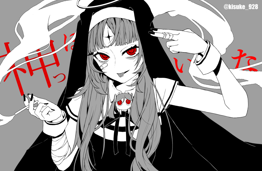 2girls :p absurdres aimaina bandaid bandaid_on_face cigarette commentary_request curtained_hair facial_mark forehead_mark german_commentary hair_between_eyes hairband halo hatsune_miku highres holding holding_cigarette kamippoina_(vocaloid) kisuke_(nie) long_hair mixed-language_commentary multiple_girls nail_polish nun piercing red_eyes smoke spot_color tongue tongue_out tongue_piercing translation_request twintails twitter_username veil vocaloid wrist_cuffs